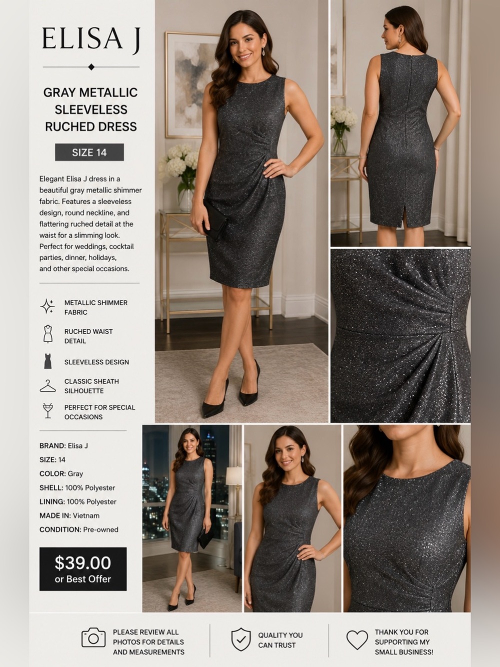 Elisa J Women’s Size 14 Gray Metallic Sleeveless Ruched Sheath Dress